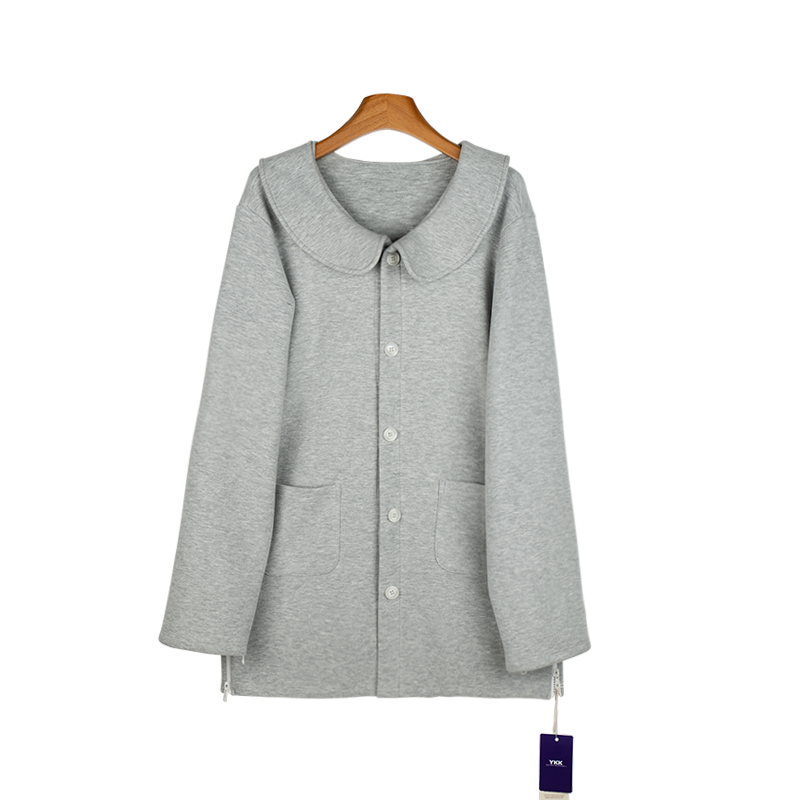 Grey Button-Up Jacket with Large Collar for Easy Dressing
