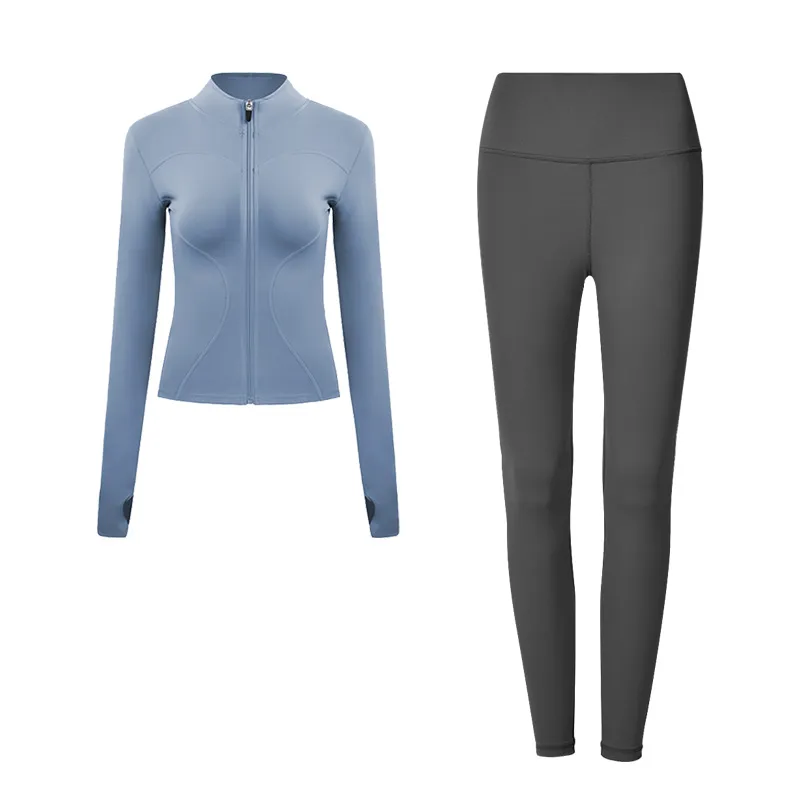 Seamless Yoga Set High Waist Leggings and Thumbhole Jacket