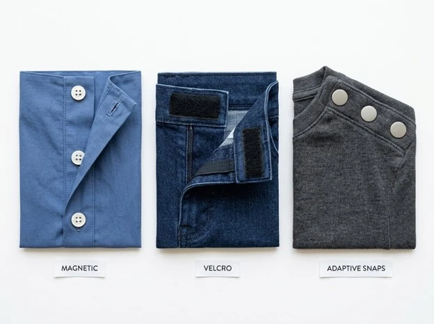 Three adaptive closure types side by side — magnetic, Velcro, 