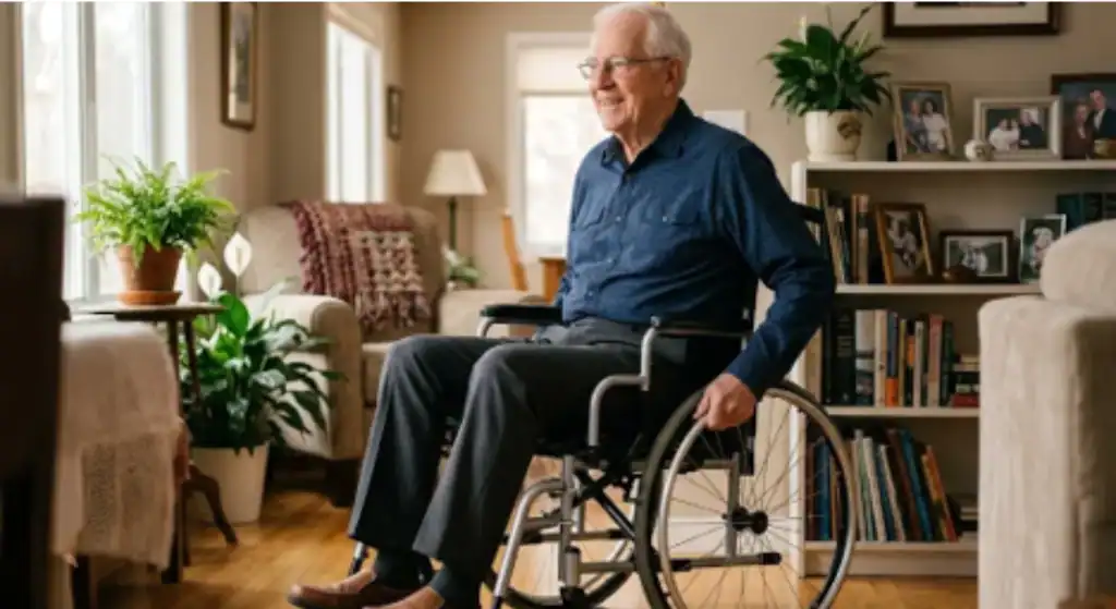 Elderly man in wheelchair wearing adaptive trousers with side-zip access