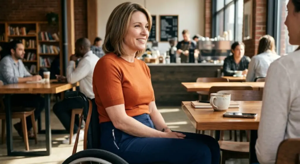 Woman in wheelchair wearing adaptive clothing with open-back design