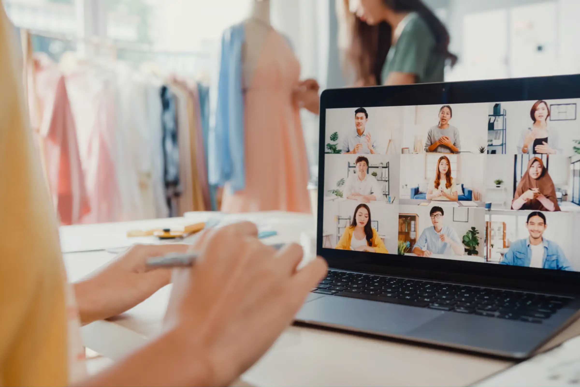 Video call verification of a china clothing factory's production floor and machinery