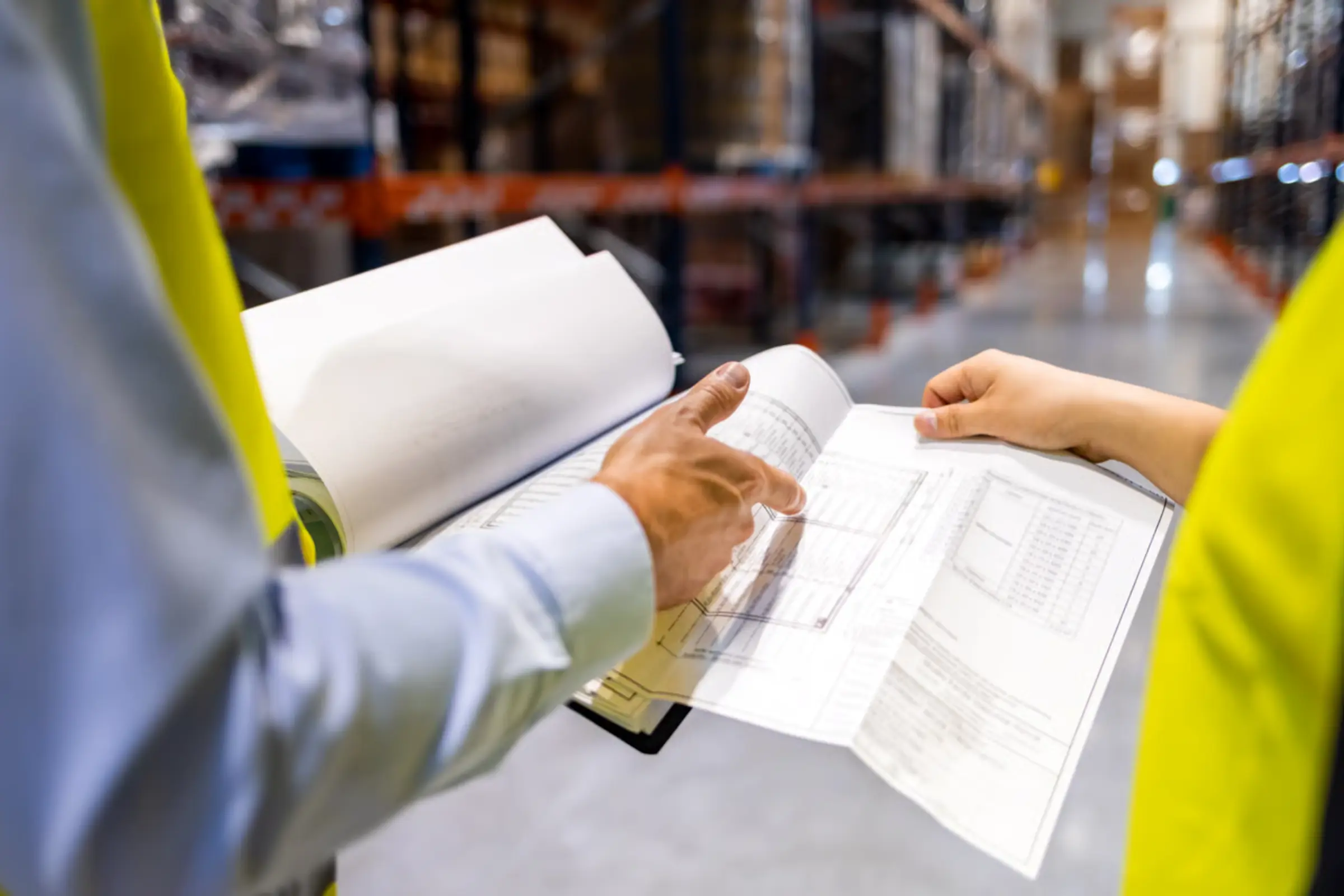 Quality inspector reviewing ISO and compliance certification documents on a factory floor